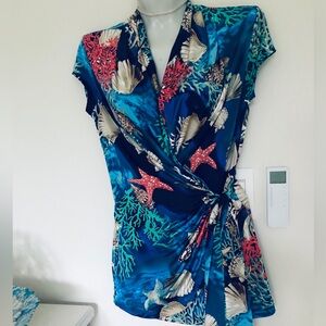 Cache Blue Wrap Blouse with Coral and Shell Print . Size XS